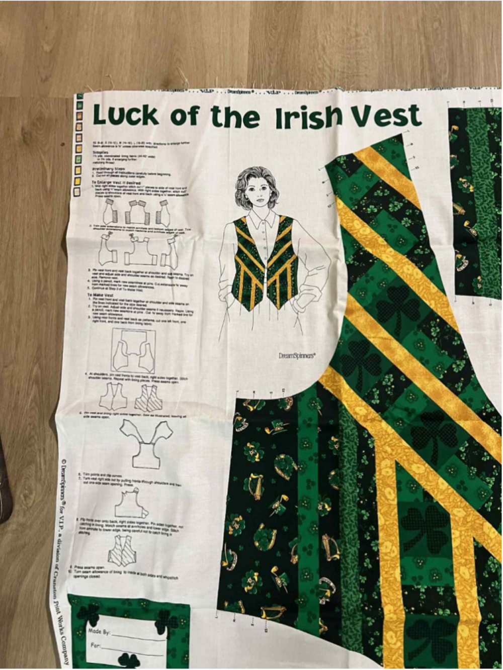 Vintage Luck of the Irish Vest Sewing Panel Cut & Sew Fabric Kit Uncut Patricks - Picture 2 of 2